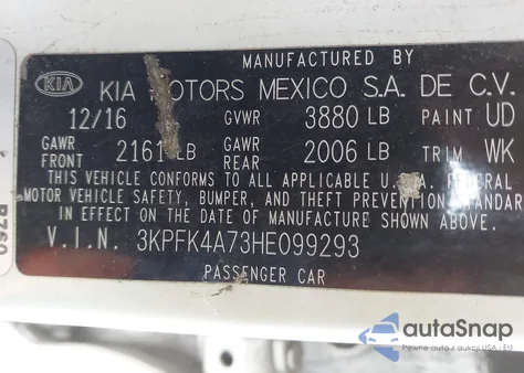 2017 Kia Forte Lx z USA, uszkodzony, nr VIN 3KPFK4A73HE099293